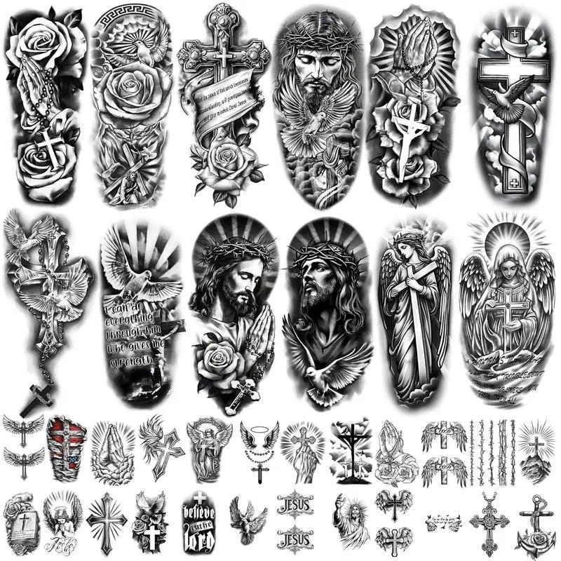 77 Sheets Christian Temporary Tattoos | Cross & Angel Faith Designs | Black Ink Realistic Religious Body Art | Large Half Arm & Small Detail Tattoos | For Women Men Adults & Kids