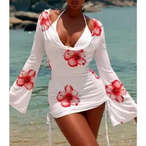 2026 Best-Selling 3-Piece Set White Printed Tunic Dress | Pleated Neck, Flared Sleeves, Side Ruched Beach Vacation Mini Dress