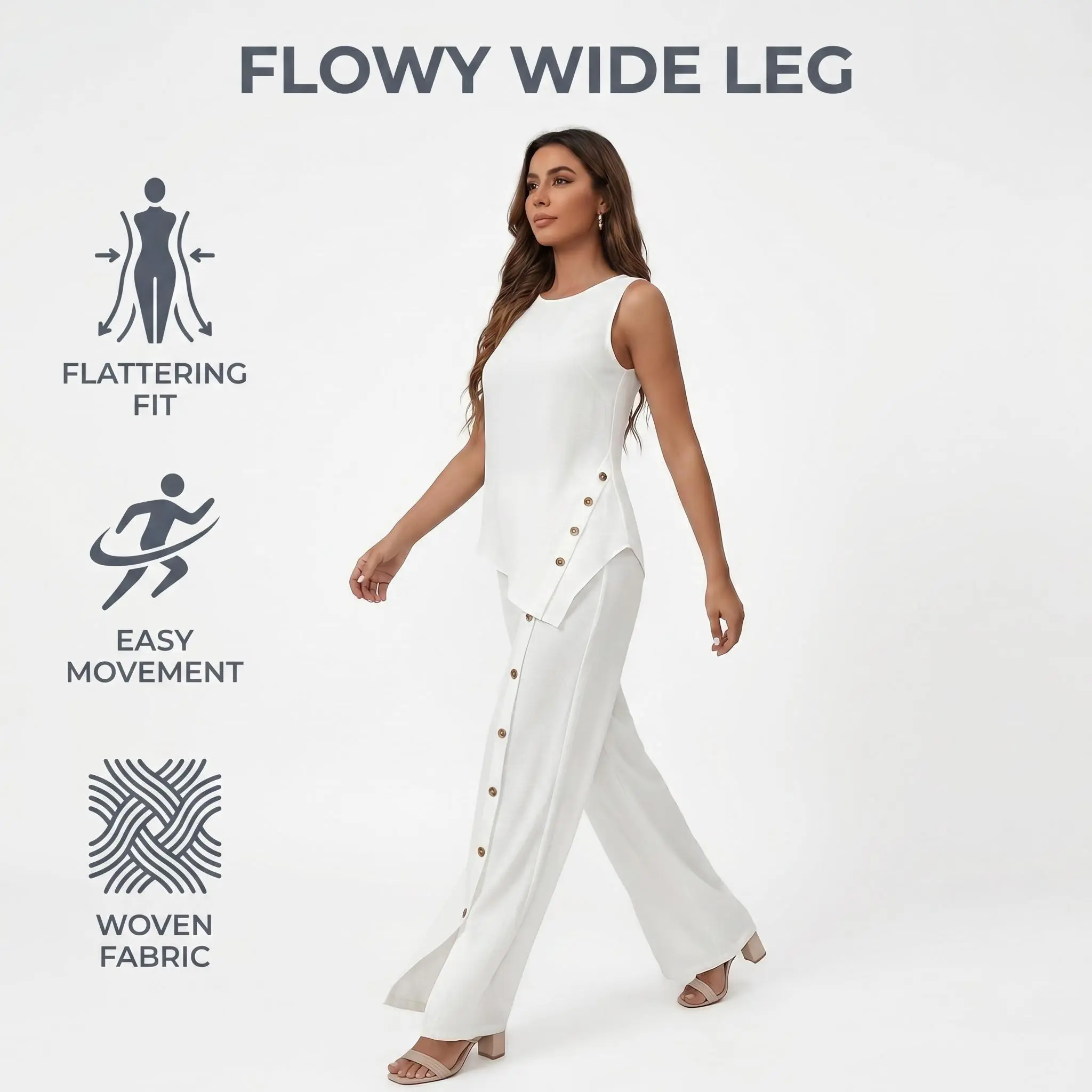 Women's Summer Two-Piece Set: Short-Sleeve Top with Round Neckline and Sleeveless Button-Down Design, Wide-Leg Pants Set, Casual Activewear, 100% Polyester, Breathable and Comfortable – Cool Summer Women's Clothing Matching Asymmetrical