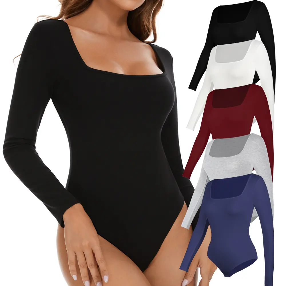 Women's Basic Elegant Square Neck Bodysuit - Solid Viscose-Spandex Blend Long Sleeve Top with Snap Closure