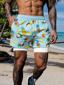 Men's Two-Layer Quick-Dry Beach Shorts, Tropical Fruit Pineapple Coconut Print, Drawstring Waist, Casual Vacation Wear, Fitted Style