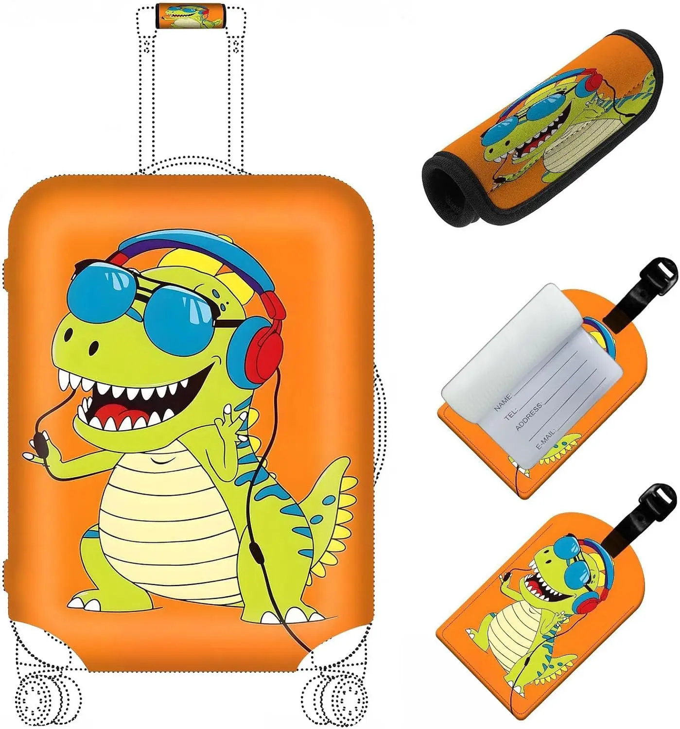 Travel Luggage Cover,Cartoon Dinosaur Theme Suitcase Cover Accessory Kit, Luggage Tag, and Comfortable Luggage Handle Wrap, Washable Zipper Close Luggage Suitcase Protector (18-20 inch,S)