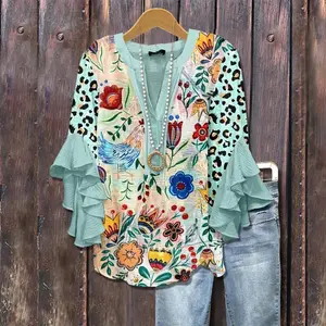 Cherrybetty Mixed Floral Print Ruffle Bell Sleeve Top Going Outfits Blouses Women Vintage 90s Tops Funny Shirts Women Elegant Classy Tops cute summer outfit women's summer outfits going tops Breathable casual summer tops for Teachers and MomsGift