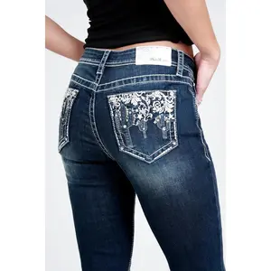 Grace in LA Women's Easy Fit Dark Wash 3D Cactus Mid Rise Bootcut Jeans