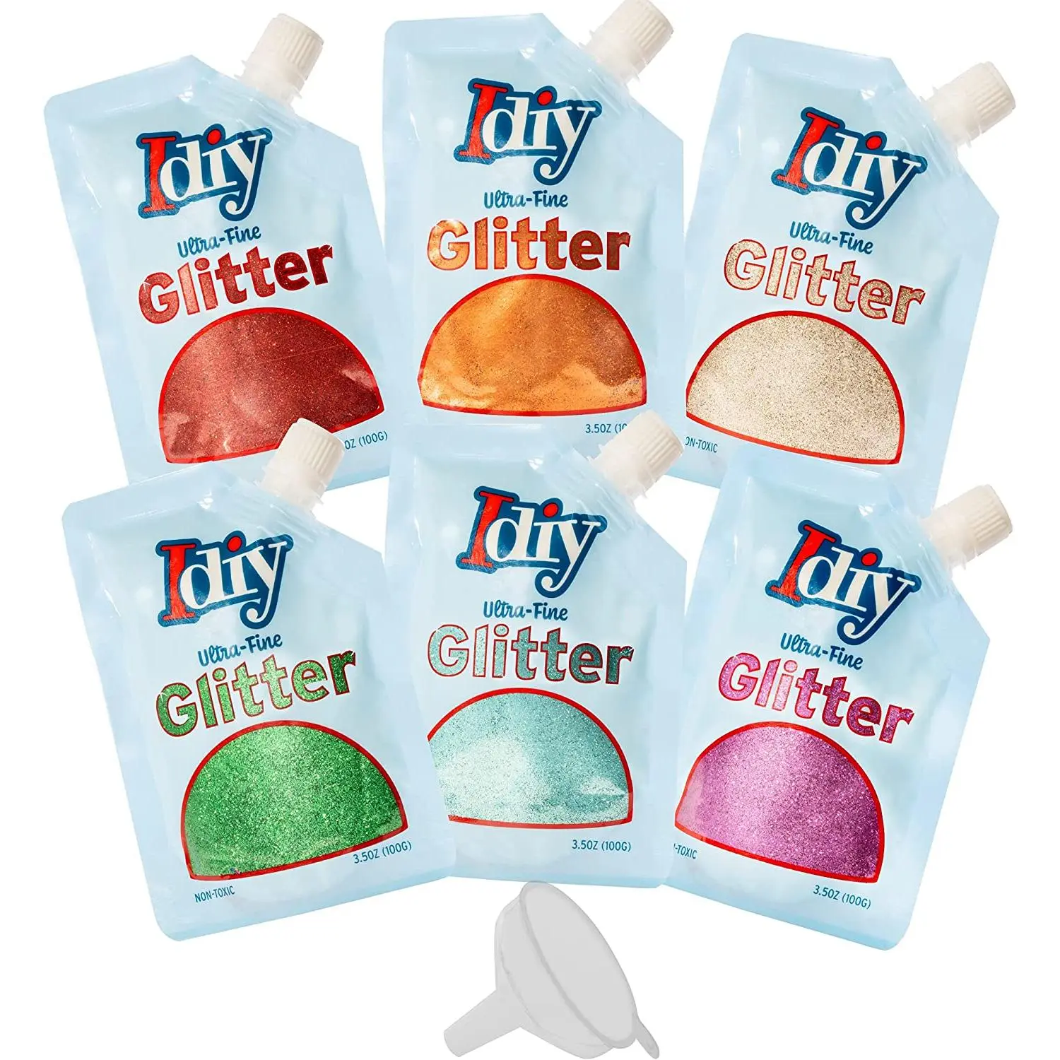 iDIY Ultra Fine Rainbow Color Glitter (6 100g, 3.5 oz Pouches) Easy Pour Bag & Funnel - Non-Toxic, Arts & Crafts, School Projects and Decorations