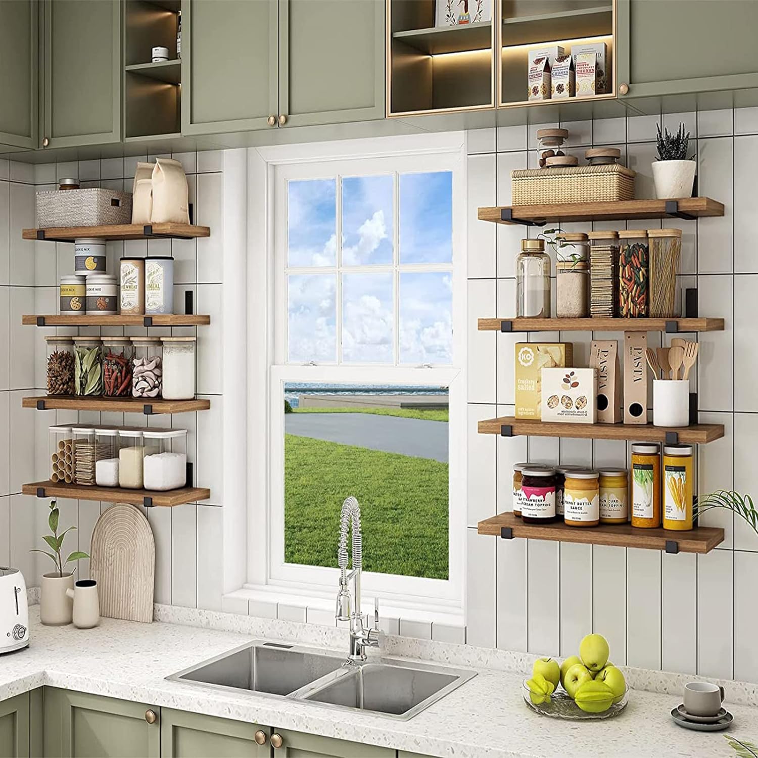 Premium Live-Edge Elm Wood Floating Shelves with Refined Edging--Crafted from rustic solid elm wood, these heavy-duty floating shelves feature invisible brackets for a seamless display