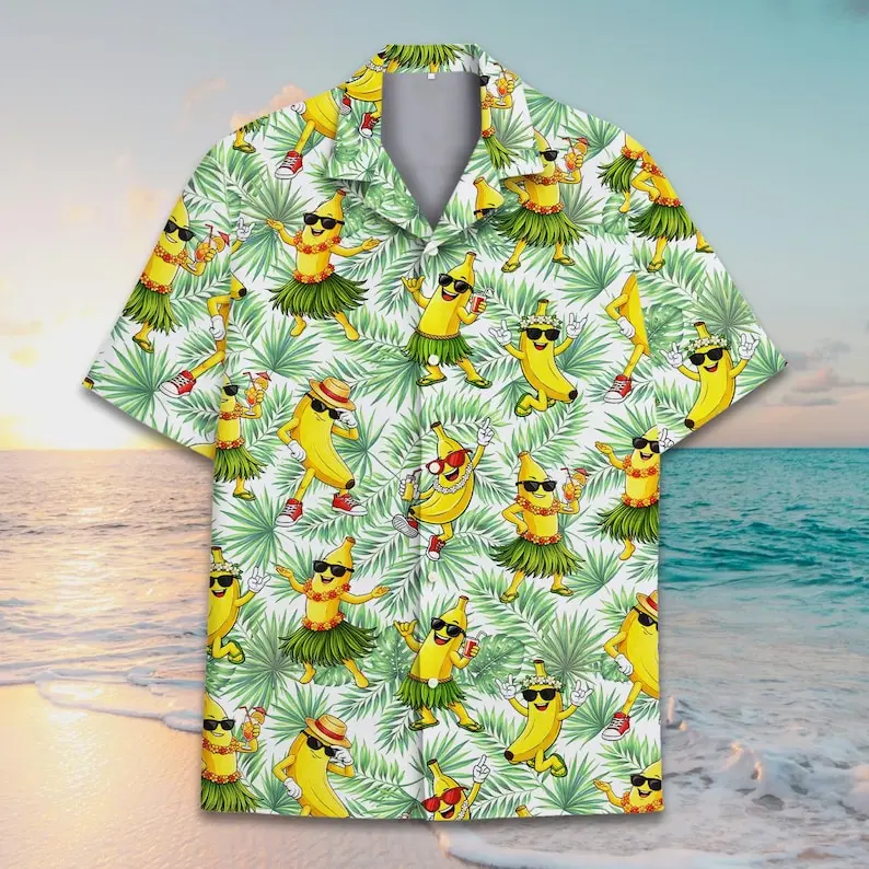 Funny Banana Hawaiian Shirt Unisex, Dancing Banana Aloha Shirt, Tropical Hula Party Shirt, Summer Beach Vacation Button Up Top