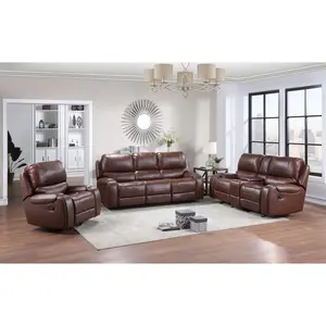 8026 3PC Brown Faux Leather Sofa, Loveseat & Chair Set with Standard Motion Recliners, USB Ports & Charging