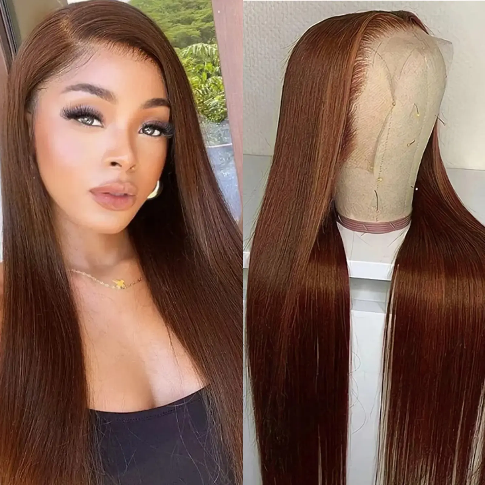 KINCY 13*4 Honey Brown Wig 26 inch Long Straight Lace Front Wig for Women Natural Heat Resistant Fiber Synthetic Straight Highlight Brown Wigs