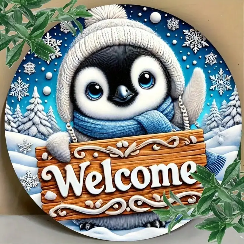 Aluminum Charming Penguin Welcome Sign for Home Door Wall Decor Farmhouse Garage Bar and Coffee Shop Decoration