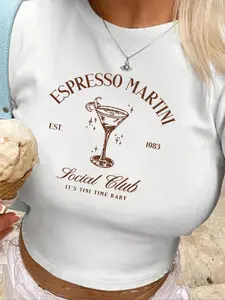 Women's Espresso Martini Social Club Cocktail Casual Letters Print Crop Tee, Casual Slim-fitting Short Sleeve Round Neck T-shirt, Ladies Summer Clothes for Daily Wear Casual Tees