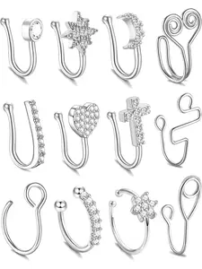 12Pcs Fake Nose Rings Hoop Inlaid CZ Nose Cuff Non Piercing for Women Men Clip On Nose Rings CZ Flower Cross Faux Nose Piercings Hoop Hypoallergenic Silver/Rose Gold Tone