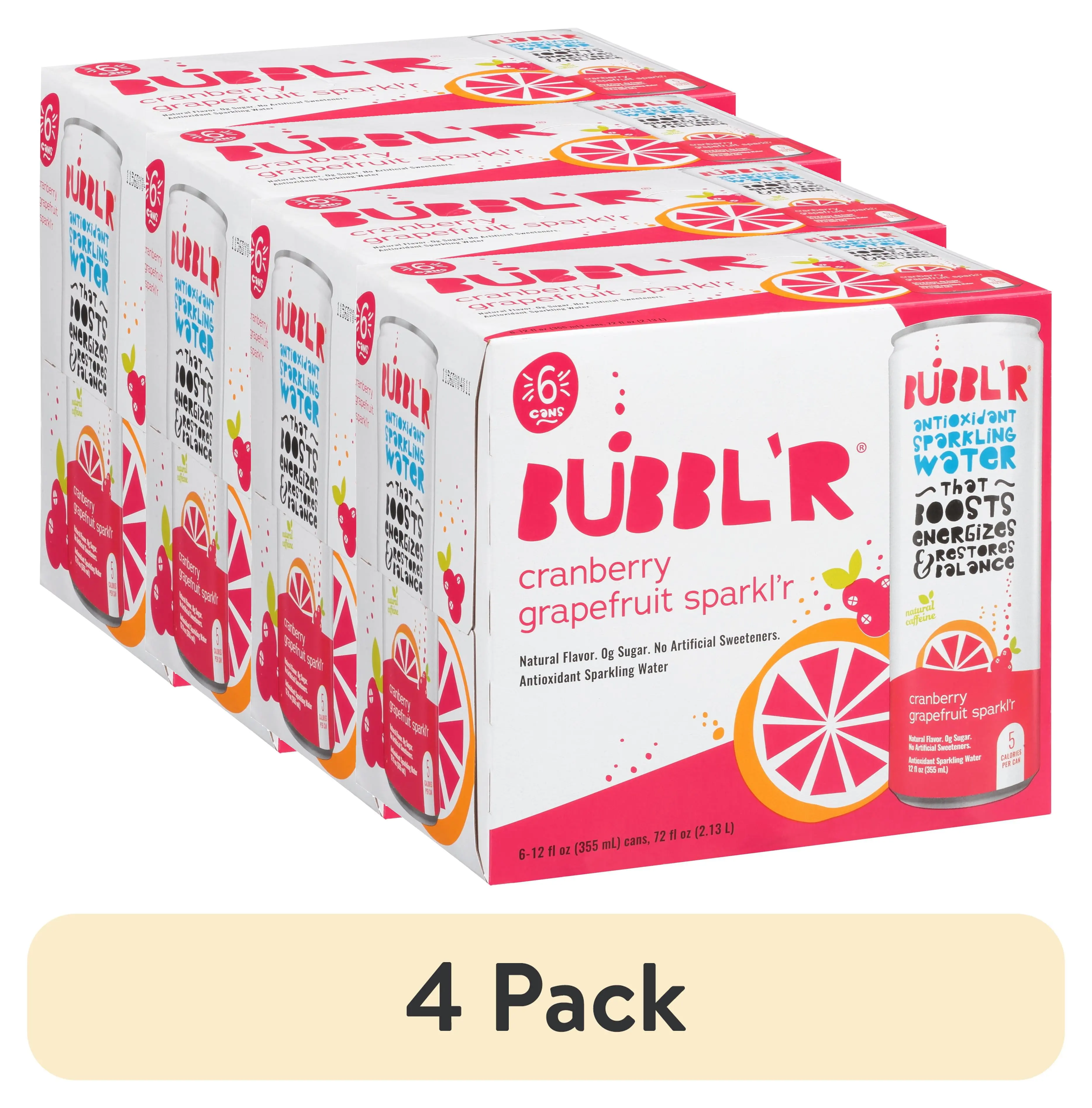(4 pack) BUBBL'R Antioxidant Sparkling Water, Cranberry Grapefruit Sparkl'r, 12 fl oz, 6 Pack Cans