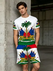 Haiti Flag Men's Two Piece Set - Haitian Pride Matching Outfit, Summer Short Sleeve Tee & All Over Print Shorts, Casual Fitted Outfit for Haiti Flag Day Independence Day