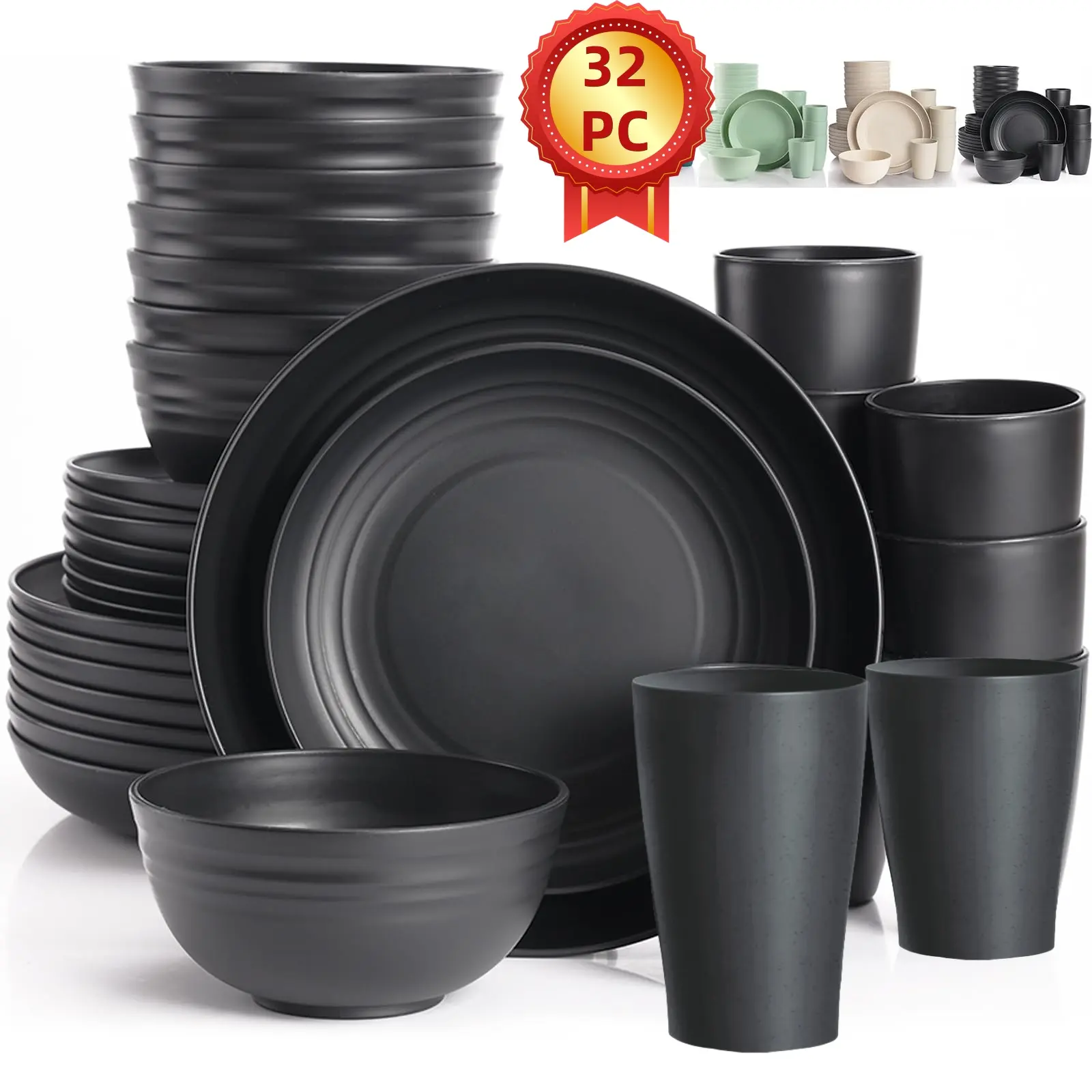 16/32pcs Wheat Straw Dinnerware Sets,Plastic Plates and Bowls Sets for 4/8 Unbreakable Plates and Bowls Sets Dishwasher Safe Microwave Safe Fun Colors Perfect for Cooking Family Camping Picnics Party
