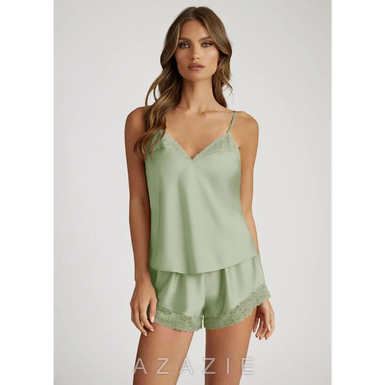 Satin Lace Trim Cami and Shorts Pajama Set