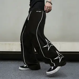 Men's Black Loose Fit Jogger Pants - White Star and Letter Print with Colorblock Stitching, Street Style, Soft Durable Fabric, Urban Cool Must-Have
