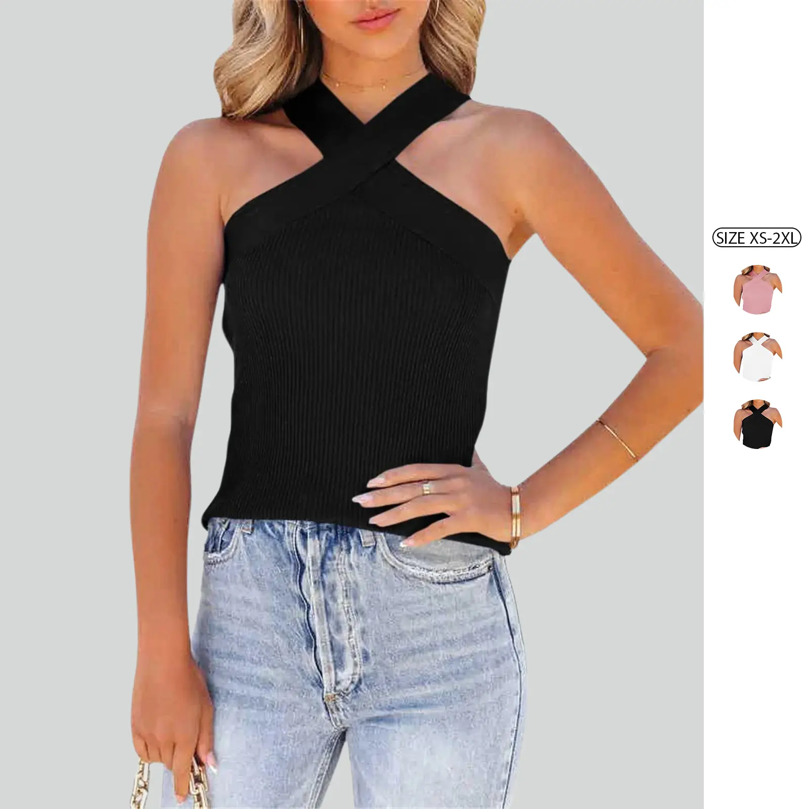 Imily Bela Womens Criss Cross Halter Sweater Vest Tops Summer Sleeveless Pullover Casual Lightweight V Neck Knit Tank Top