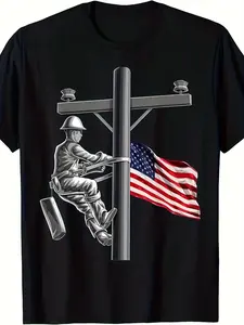 NEW LIMITED Men's & Women's Lineman American Flag Technician T-Shirt - Utility Worker Graphic Tee, 220GSM Heavyweight Pure Cotton, S-3XL Sizes, Casual Workwear or Gift Apparel