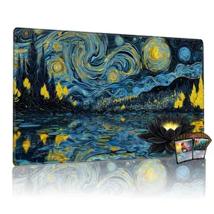 Starry Night Lily Pad Playmat for Mtg, 24x14 Inch Tcg and Board Game Mat, Van Gogh-Inspired Gaming Pad Mousepad for Desk Use, Desk Accessories