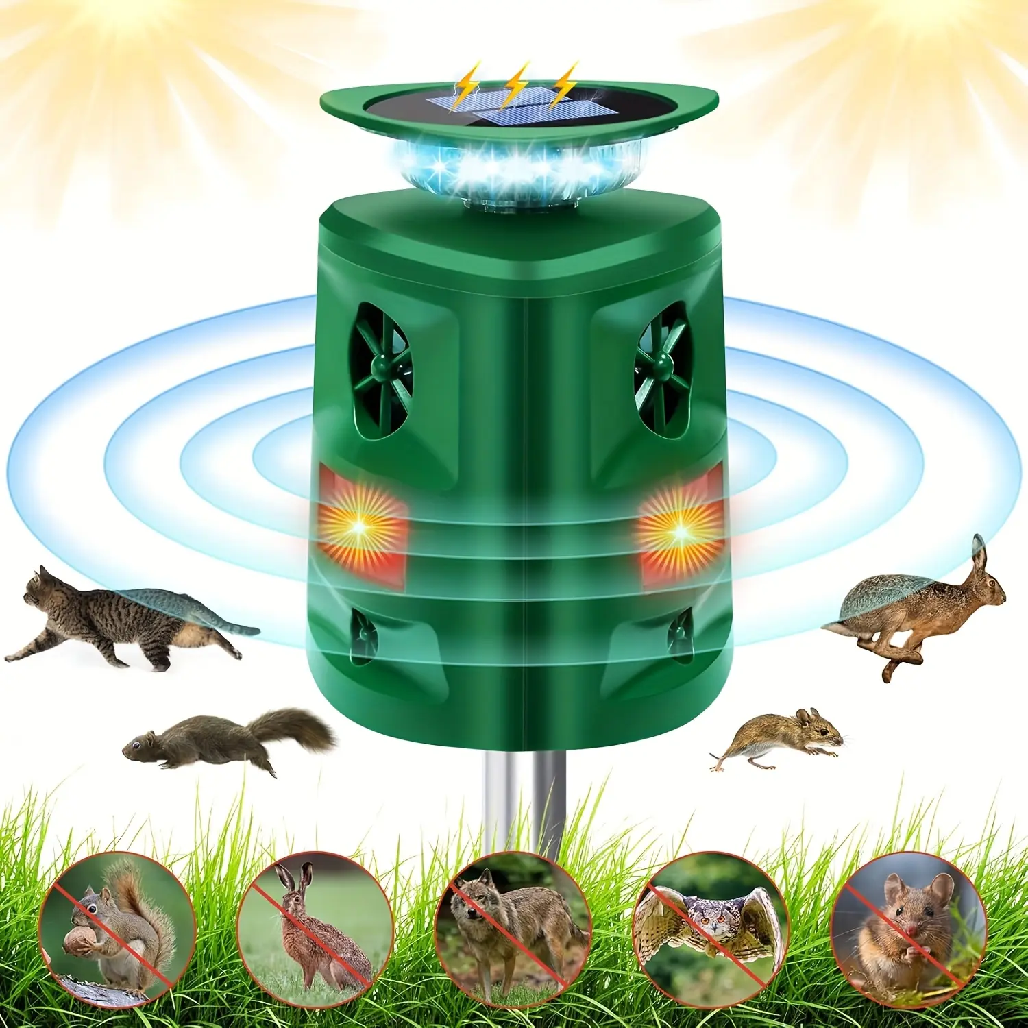 This solar-powered ultrasonic animal repeller is an outdoor pest and animal deterrent device featuring a motion sensor and strobe light, with dual charging capabilities; suitable for gardens, yards, and farms, it effectively repels animals such as deer,