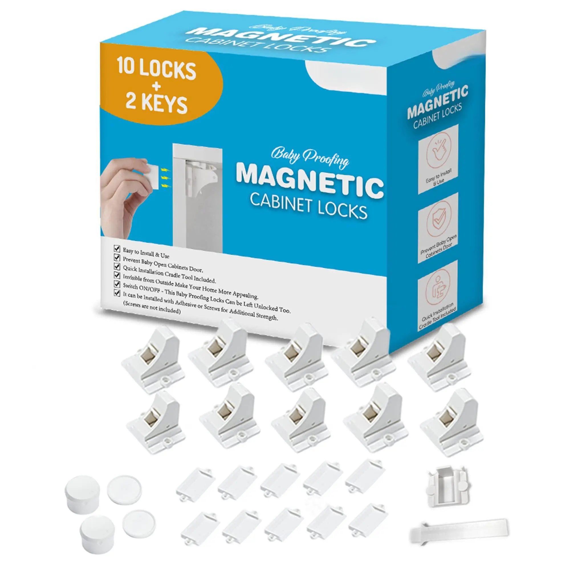 Adhesive Magnetic Locks For Cabinets & Drawers (10 And 2 Keys)