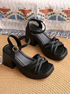 Women's Fashionable Cross Strap Heeled Sandals, Casual Comfortable High Heel Flatform Sandals for Daily Wear, Trendy All-Match Platform Sandals