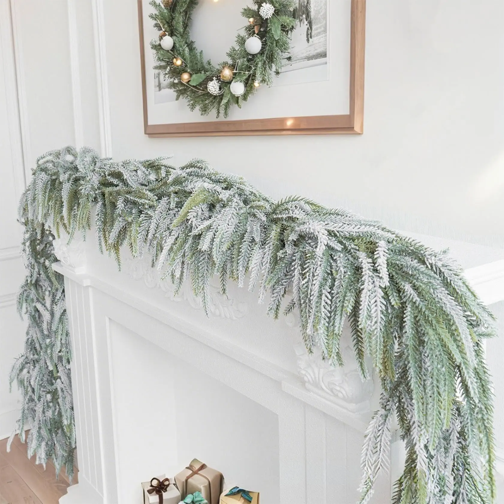 Flocked Snowflake Garland - 70.87 Inch Artificial Christmas Pine & Cedar Vine, Ice Frost Decor for Fireplace Mantel, Walls, Tables, Home Decoration