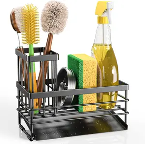 Kitchen Sink Caddy Sponge Holder with Brush Holder Self Draining Tray Rustproof Organizer