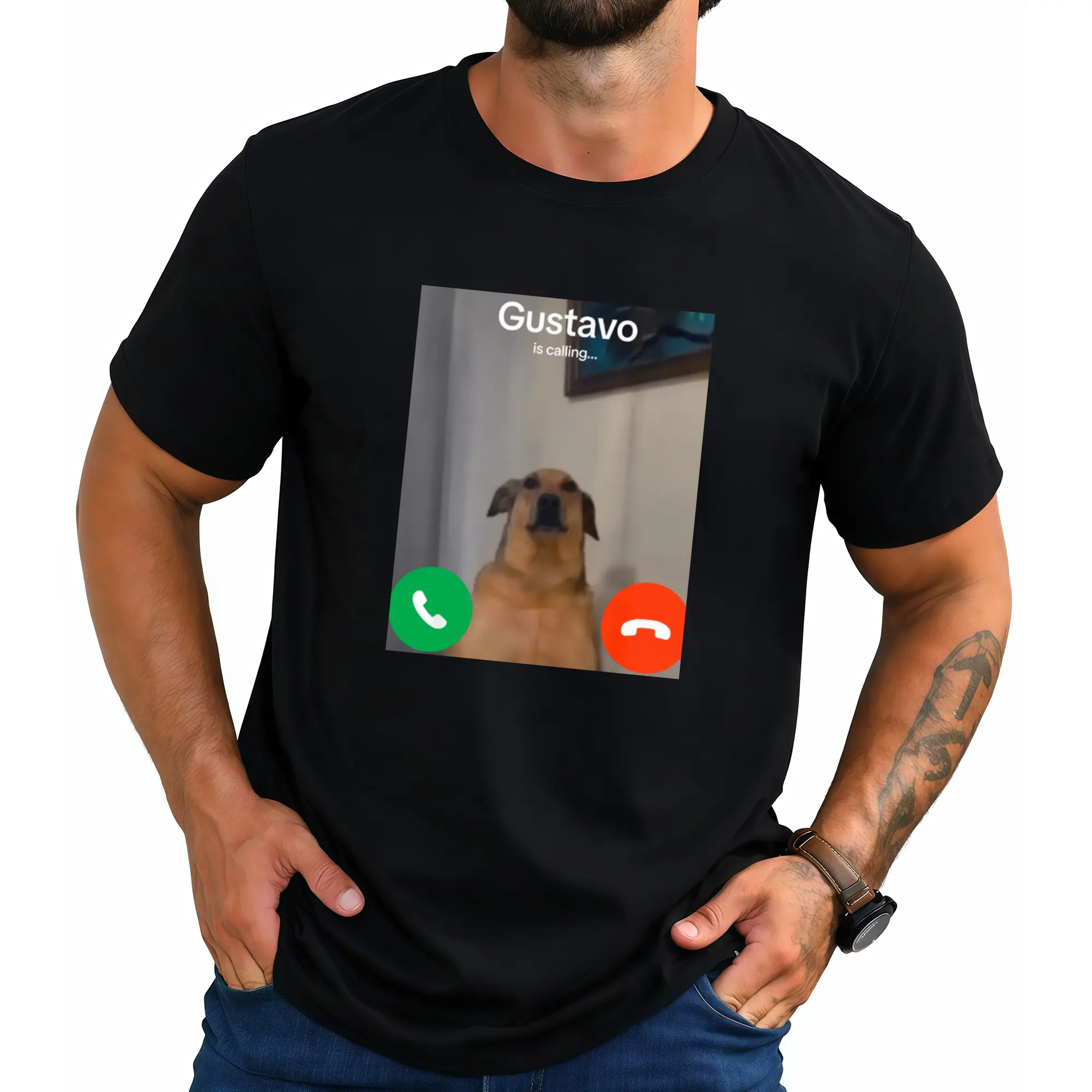 Men's Graphic T-Shirt, 'Gustavo Is Calling' Meme Print, 100% Cotton Casual Streetwear Top with Regular Fit and Short Sleeves, Graphic Print, Round Neck, Men's T Shirts, T Shirts