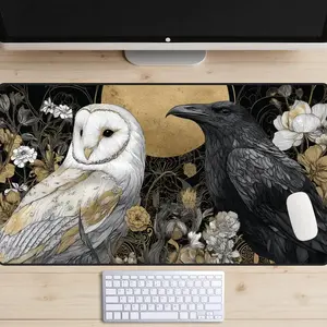 Owl and Raven Desk Mat, Mystical Birds Desk Pad, Black Crow Desk Topper, Blackbird Mousepad, White Owl Laptop Mat, Black and Gold Deskmat
