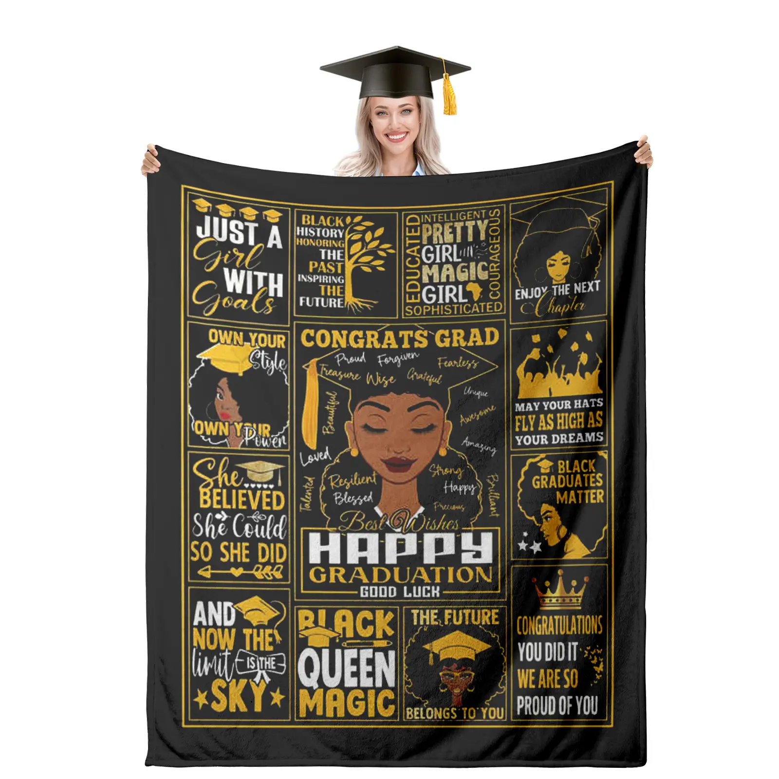 Black Girl Graduation Print Flannel Throw Blanket (50x60 in) - 1-Piece Modern Flannel Texture Sofa Decor, Wrinkle Resistant, Stain Resistant, Breathable, Durable, Travel Ready, Machine-Washable Fall Winter Gift for Graduates, Friends, One-Piece