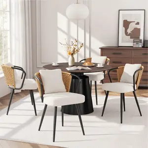 Rattan Dining Chairs Set of 2/4, 300LBS Weight Capacity Teddy Fleece Kitchen Chairs with Wicker Backrest, Ergonomic Upholstered Accent Chairs for Living Room, Dining Room, Boho Style