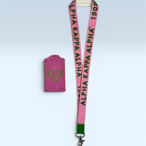 AKA Badge Necklace Bedazzled Card Holder with Pink Lanyard and Green Trim