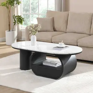 Luxury Coffee Table Modern Oval Center Table Living Room 47.24'' Coffee Table with Storage Drawer, Faux Marble Top, Black Metal Center Table for Living Room
