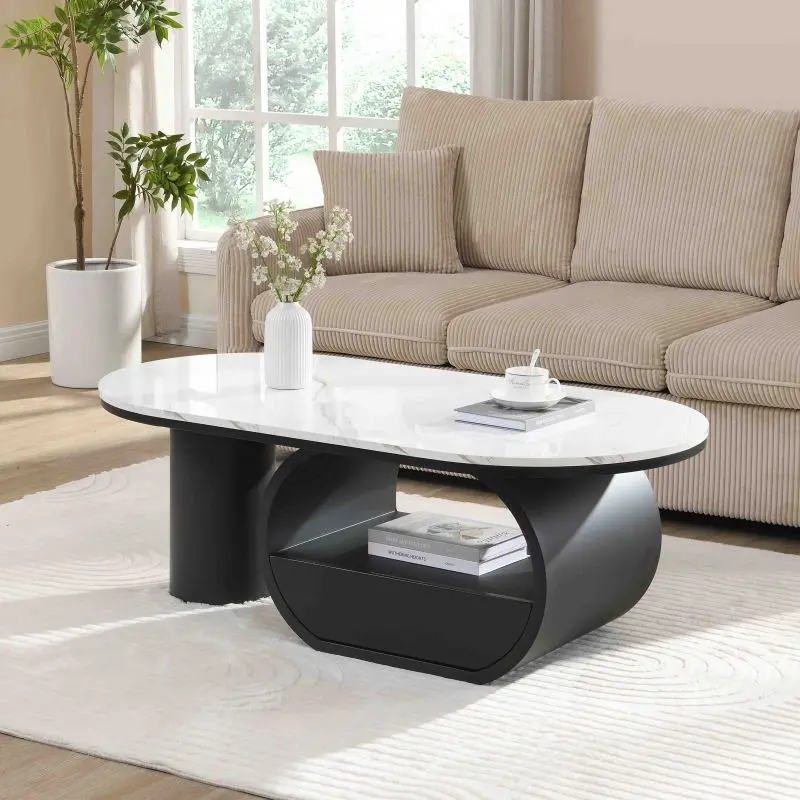 Luxury Coffee Table Modern Oval Center Table Living Room 47.24'' Coffee Table with Storage Drawer, Faux Marble Top, Black Metal Center Table for Living Room