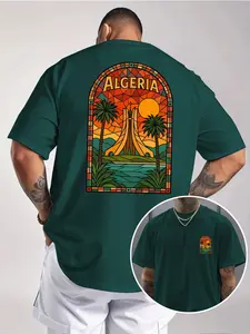 Algeria Landmark Print T-Shirt, Colorful Glass Art Style, Unisex Oversized Half Sleeve, North African Vacation Casual Tropical Streetwear Tee, Cultural Souvenir