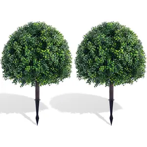 24'' Artificial Boxwood TopiaryTree, Faux Boxwood Plants Shurbs with Spike, 2 Set Topiary Ball Tree Waterproof UV Resistant Fake Pot Filler Plants for Planter Porch Home Outside