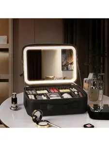 Travel makeup bag with LED mirror adjustable divider, makeup storage bag with light colored mirror, adjustable brightness for 3 color scenes, waterproof, professional makeup artist storage bag. The perfect Christmas gift for friends and family.