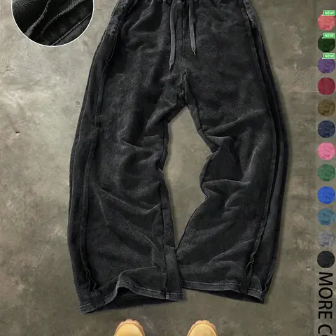 Men's Streetwear Simple Cotton Sport Pants, Wide Leg Knit Sweatpants, Washed Cotton Fabric, Casual Loose Fit, All Seasons, Comfy Sweatpants, Casual Fashion Sweatpants, Athleisure Style Bottoms, Loose Drawstring Sweatpants, Casual Sports Bottoms