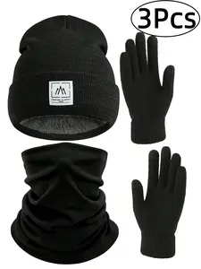 3-Piece Autumn and Winter Warm Fleece Windproof Knit Hat, Gloves & Mask Set, Unisex Casual Solid Color Design, Fall & Winter Fashion Accessories, Men Accessories