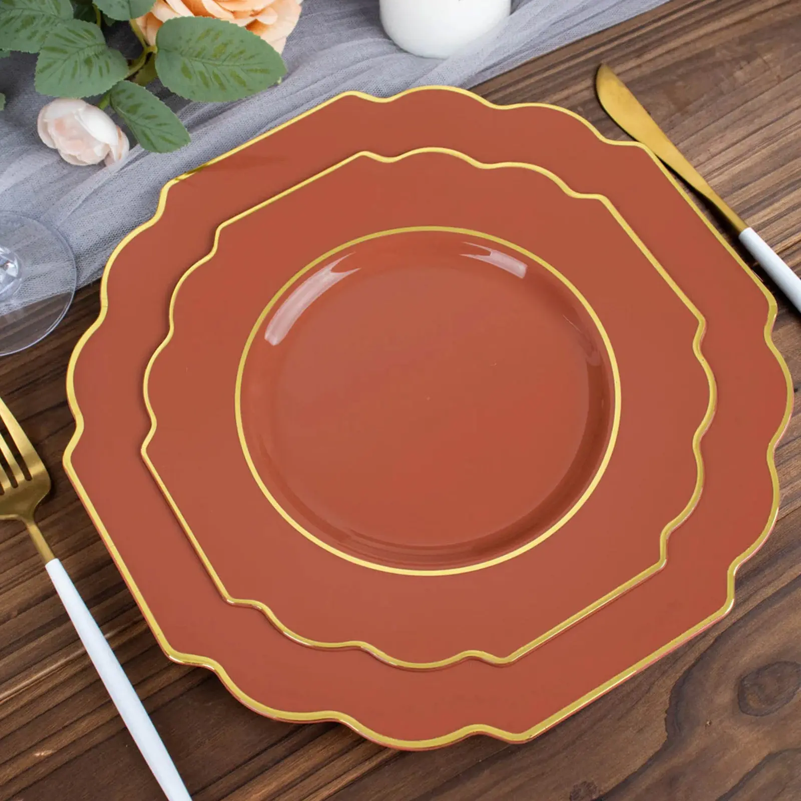 10-Pack Disposable Plates - 8" Heavy-Duty Plastic Baroque Plates, Scalloped Gold Rim, Terracotta (Rust) Design for Wedding, Baby Shower, Birthday Party Desserts, Appetizers, Salads, Elegant Plates, Floral Plates
