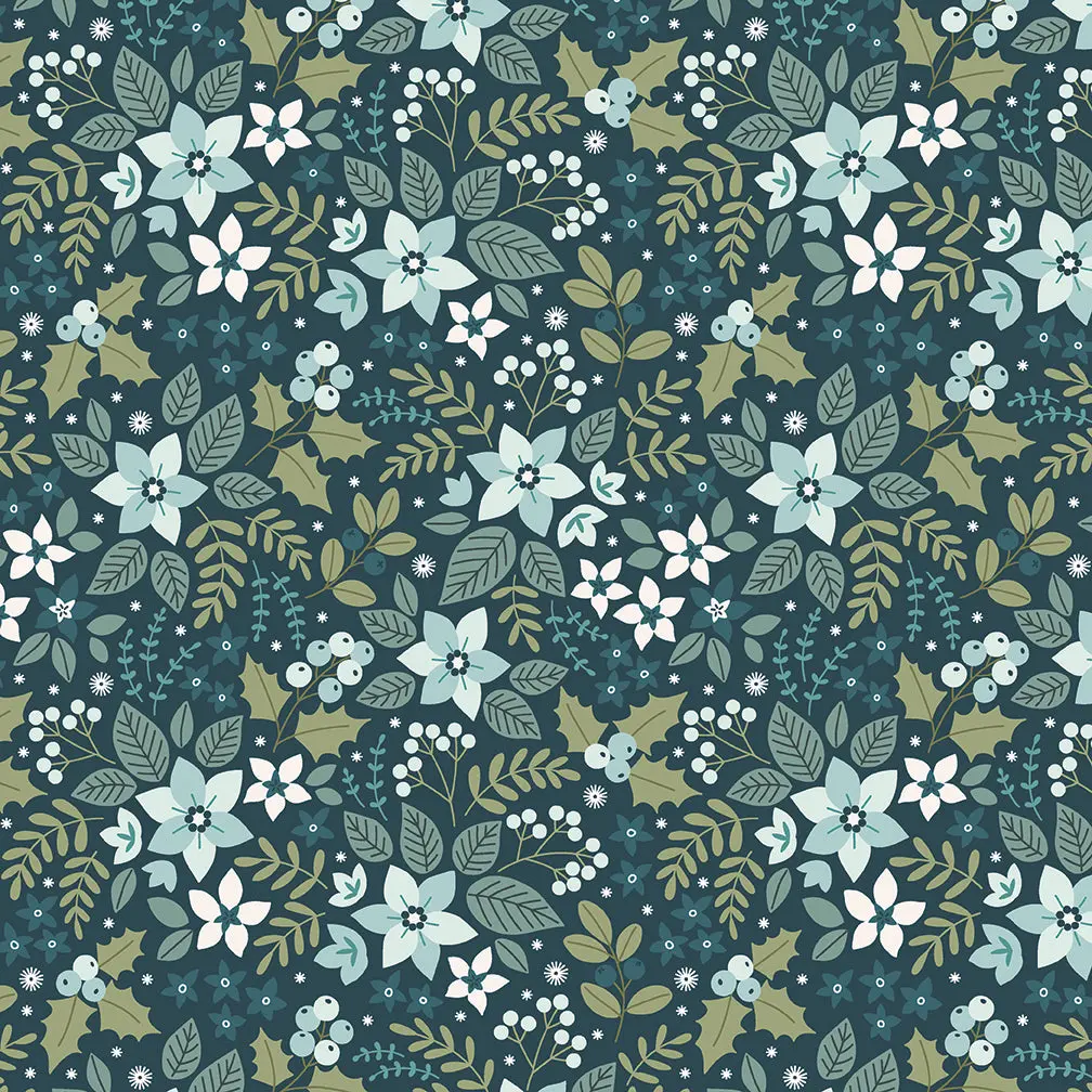 Fabric Benartex Teal Yule Holly & Hearth by the Quarter Yard 17260-84