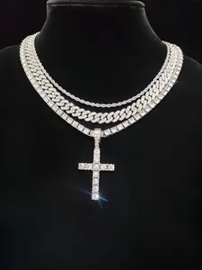 Summer Rhinestone Decor Cuban Link Chain Necklace & Cross Charm Necklace for Men & Women, Punk Style Exquisite Trendy Hip Hop Iced Out Jewelry As Gift