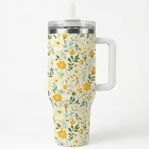 1pc 40oz Stainless Steel Insulated Travel Tumbler with Handle, Spring Wildflower Floral Print, with Lid And Straw, Keep Hot 12H/Cold 24H, Great for Commute, Picnic, Office, Unique Gift for Women