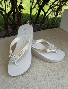 Ivory Wifey Rhinestone & Glitter Wedge Flip Flops, Crown Princess Tiara with Big 2 Inch Heel & Gold Glitter for Bride's Wedding Shoes