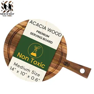 Acacia Wood Round Cutting Board 10" x 10" x 0.6" Thin, Pizza & Serving Board w/ 4" Handle, Juice Groove, Hanging Hole for Cheese, Bread, Fruit. Lightweight Solid, Non-Toxic, BPA Free by New M Way