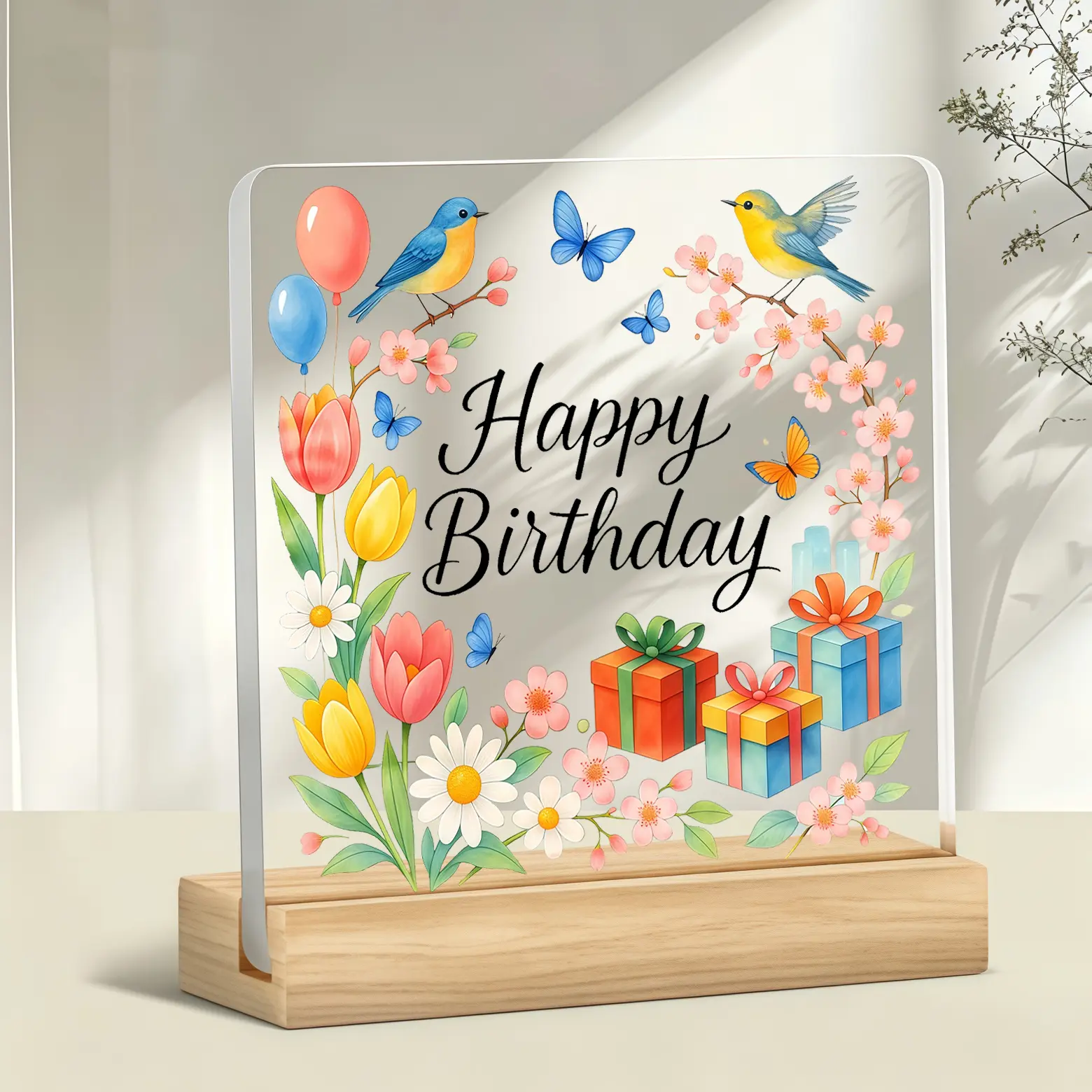 Happy Birthday Floral Bird Butterfly Acrylic Desk Sign With Wooden Stand, Gift Box Balloon Tabletop Plaque, Home Decor, Birthday Gift For Women Friends