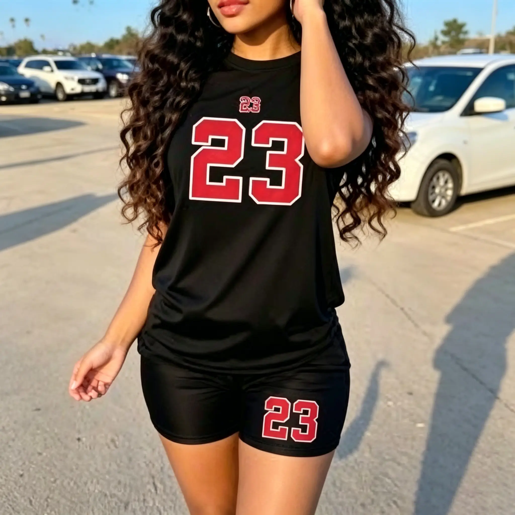 moyuol store Polyester fiber Urban Sporty "23" Number Print Set | Blackhort BasketballSleeve T-Shirt +Biker Shorts Matching Set