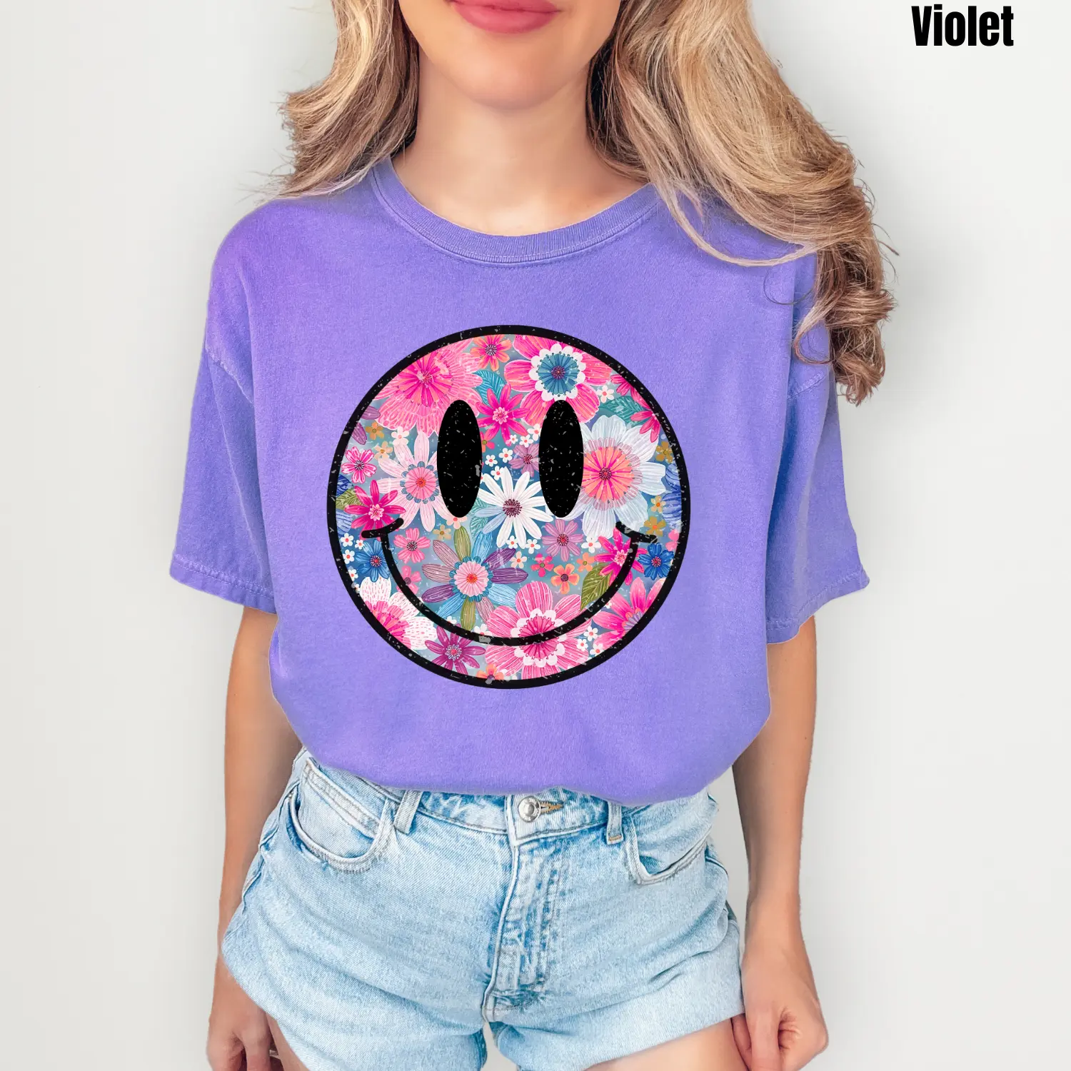 Whimsical Floral Happy Face Comfort Colors T-Shirt 'NB'